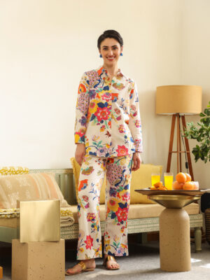 Off White Shirt Collar Printed Pure Cotton Co-Ord Set For Women