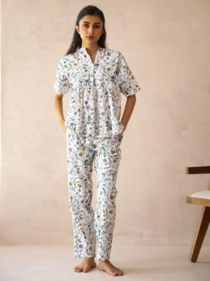 Mustard Mandarin Collar Printed Pure Cotton Co-Ord Set For Women