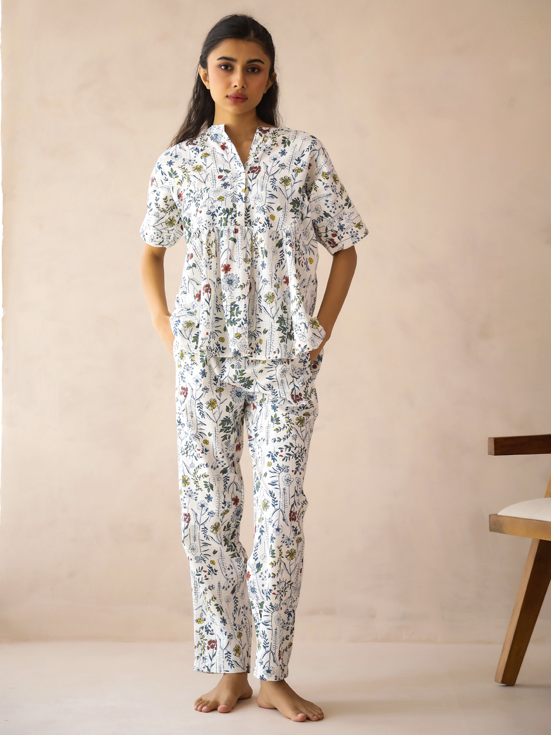 Mustard Mandarin Collar Printed Pure Cotton Co-Ord Set For Women