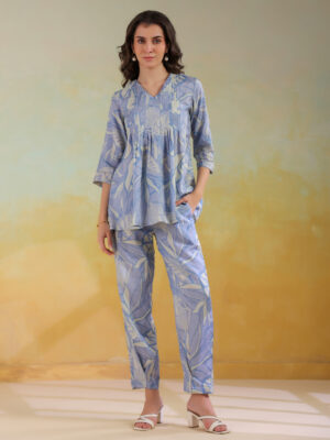 Blue V-Neck Printed Viscose Rayon Co-Ord Set For Women