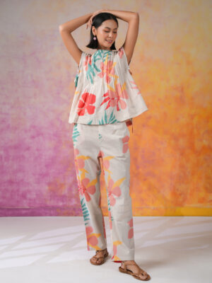 White Round Neck Printed Pure Cotton Co-Ord Set For Women