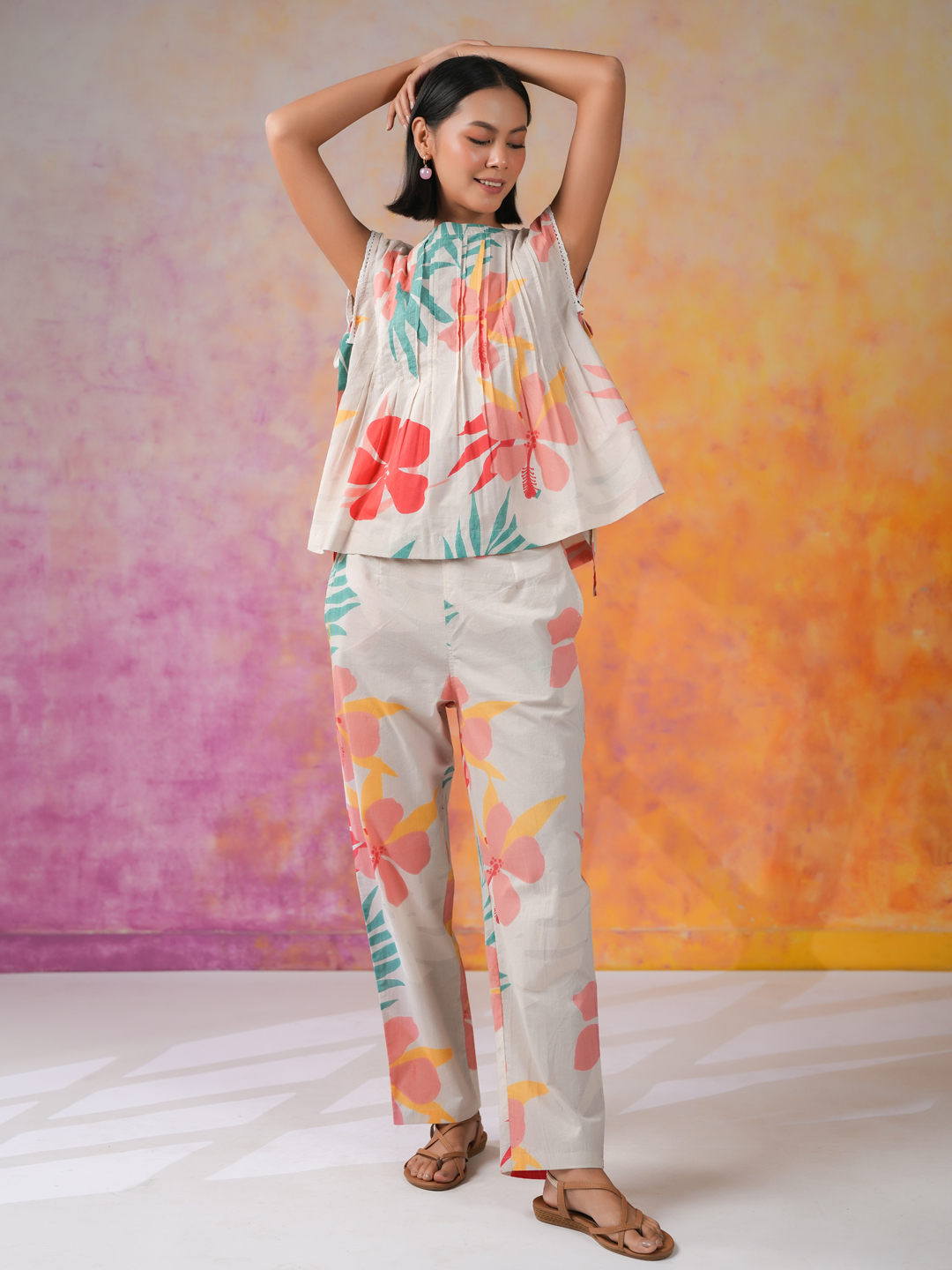 White Round Neck Printed Pure Cotton Co-Ord Set For Women