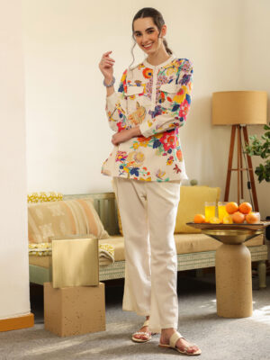 White Shirt Collar Printed Pure Cotton Co-Ord Set For Women