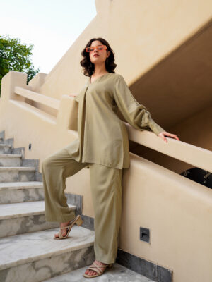 Beige V-Neck Solid Viscose Rayon Co-Ord Set For Women