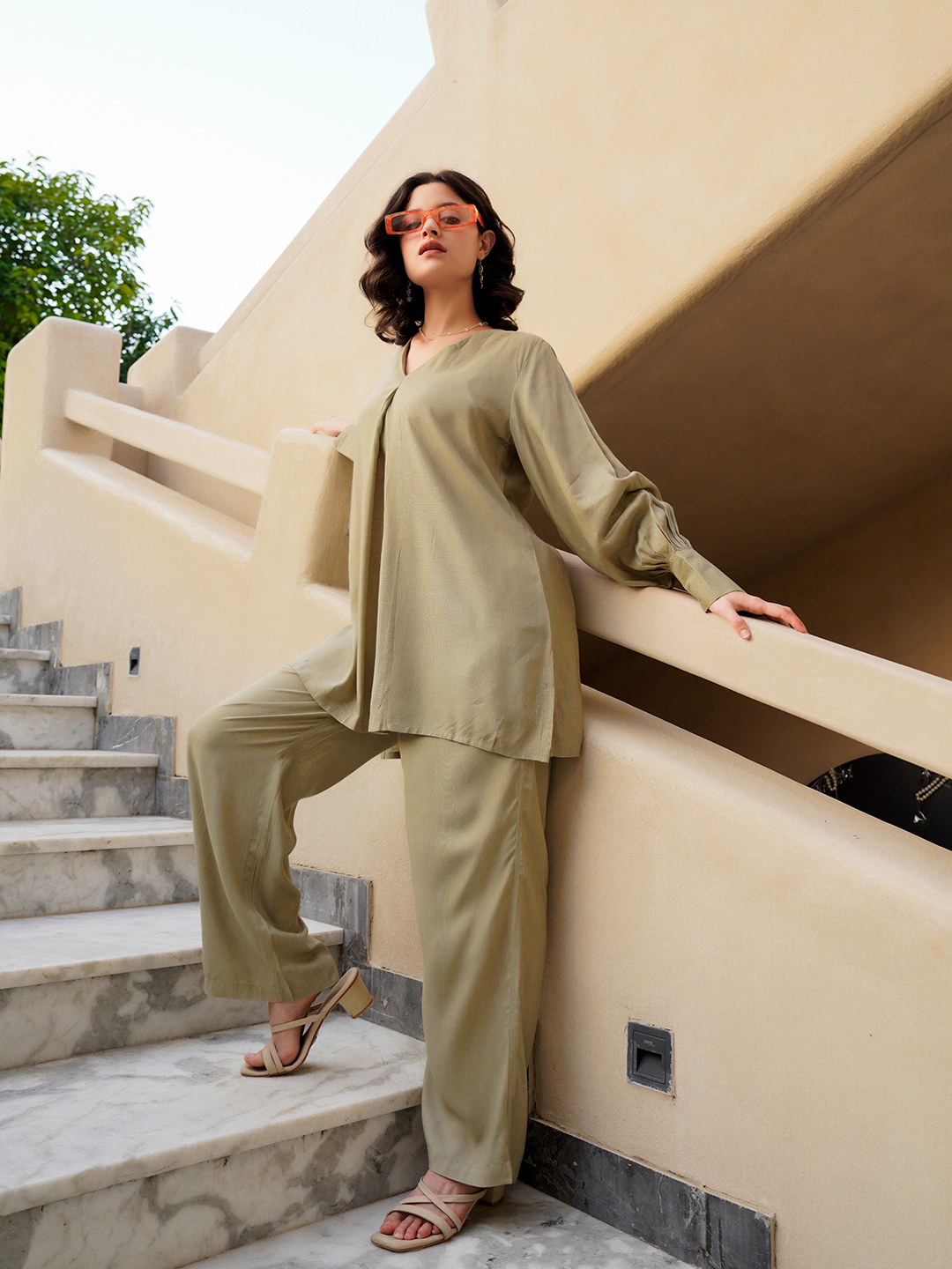 Beige V-Neck Solid Viscose Rayon Co-Ord Set For Women