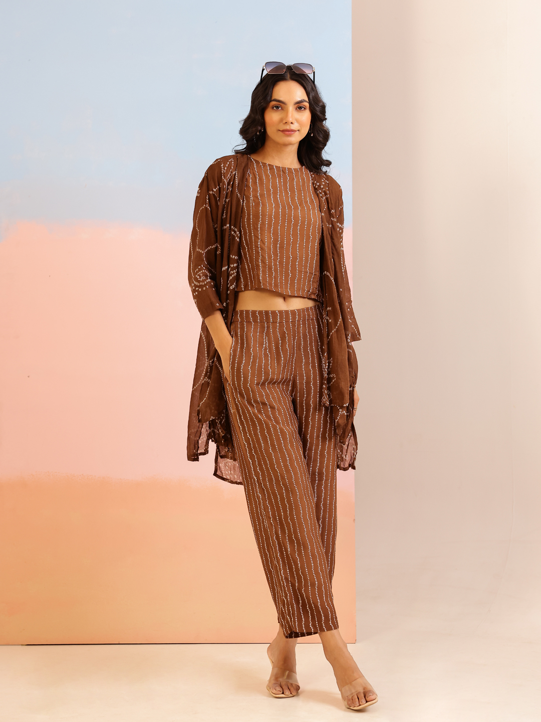 Brown Round Neck Printed Pure Cotton Co-Ord Set For Women