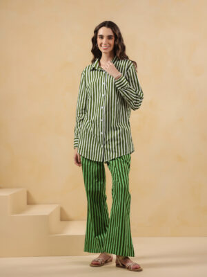 Green Shirt Collar Striped Pure Cotton Co-Ord Set For Women
