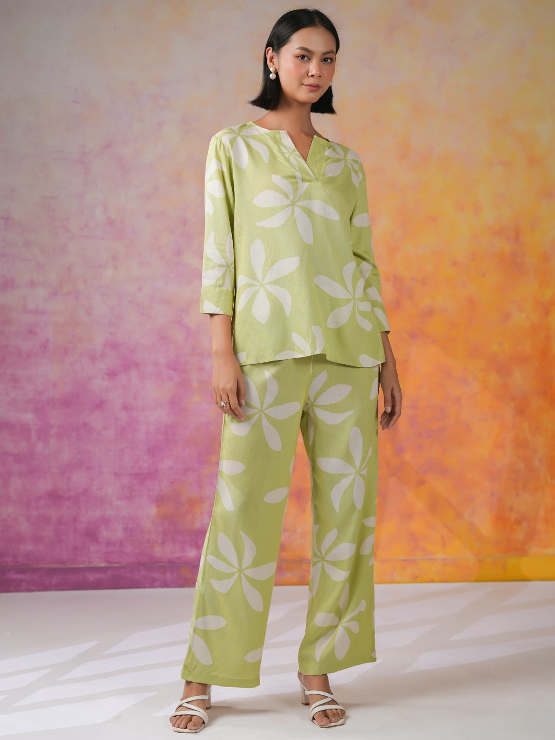 Green V-Neck Printed Pure Cotton Co-Ord Set For Women