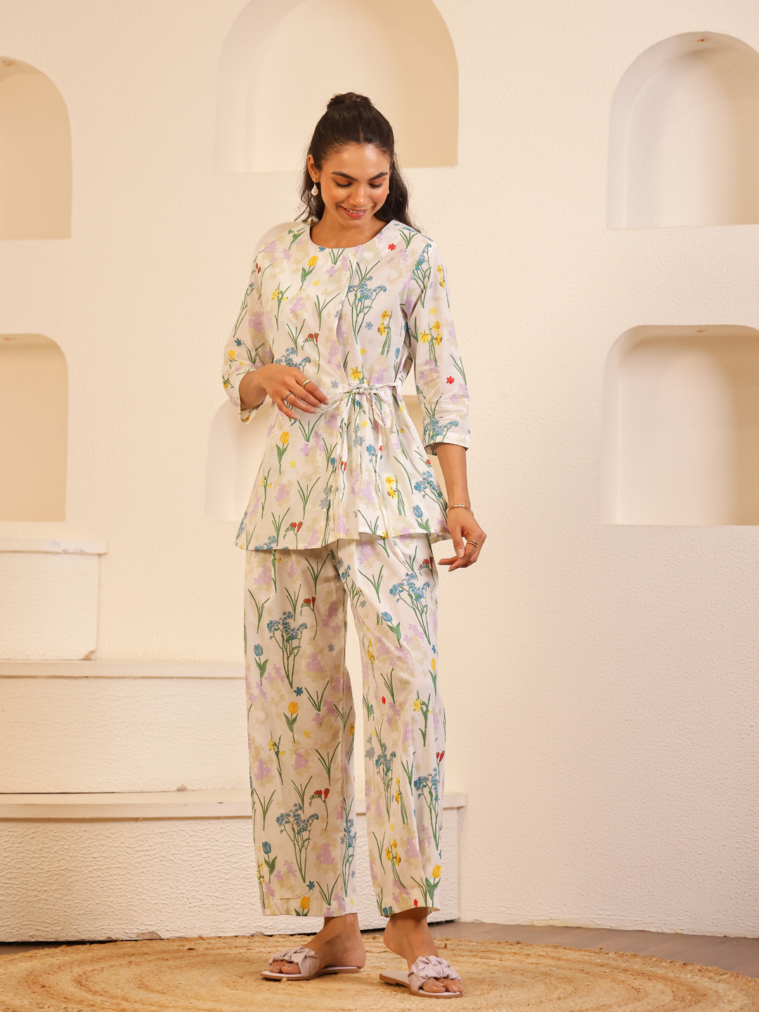 White Round Neck Printed Pure Cotton Co-Ord Set For Women