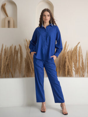 Blue Shirt Collar Solid Pure Cotton Co-Ord Set For Women