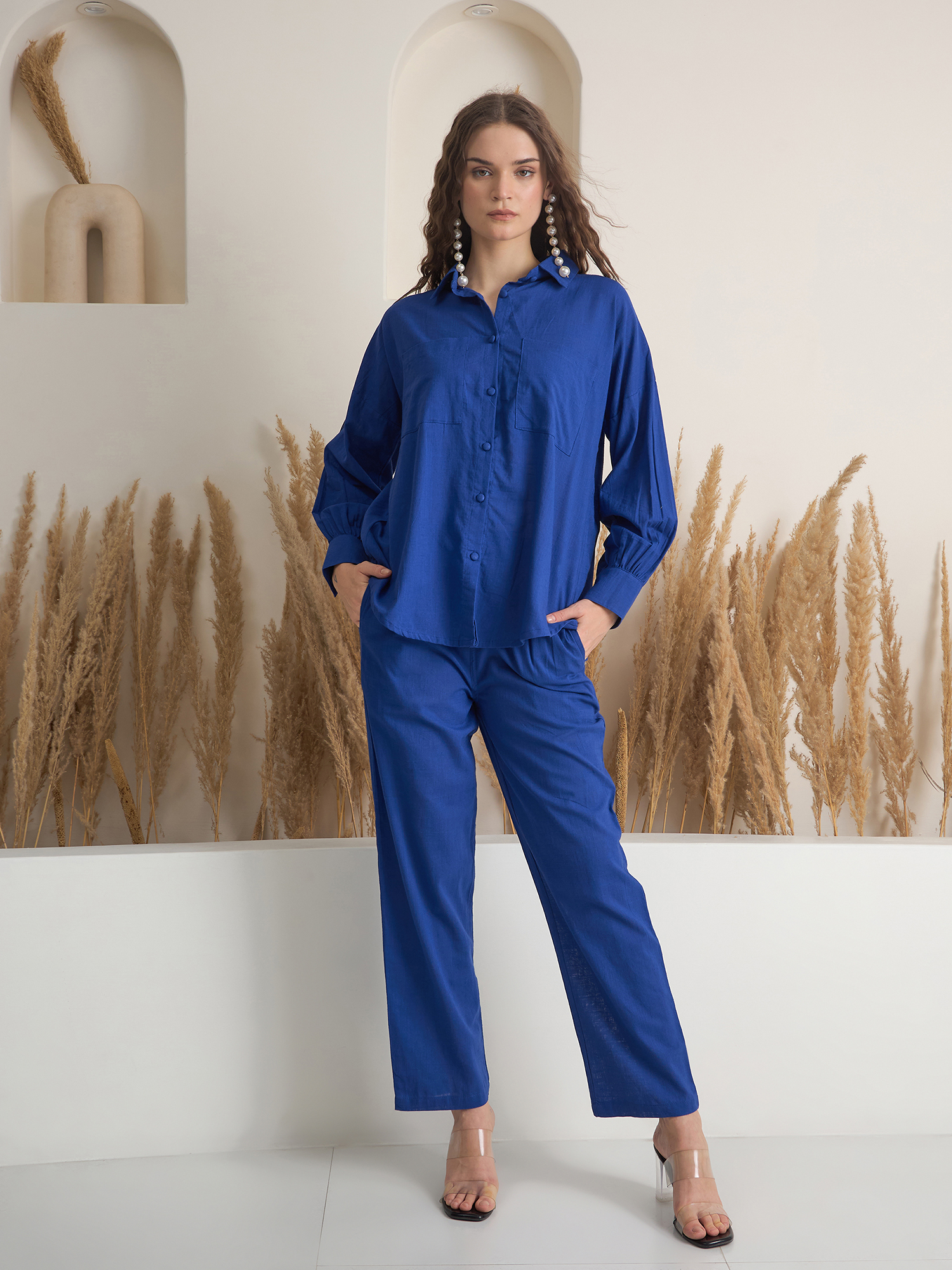 Blue Shirt Collar Solid Pure Cotton Co-Ord Set For Women