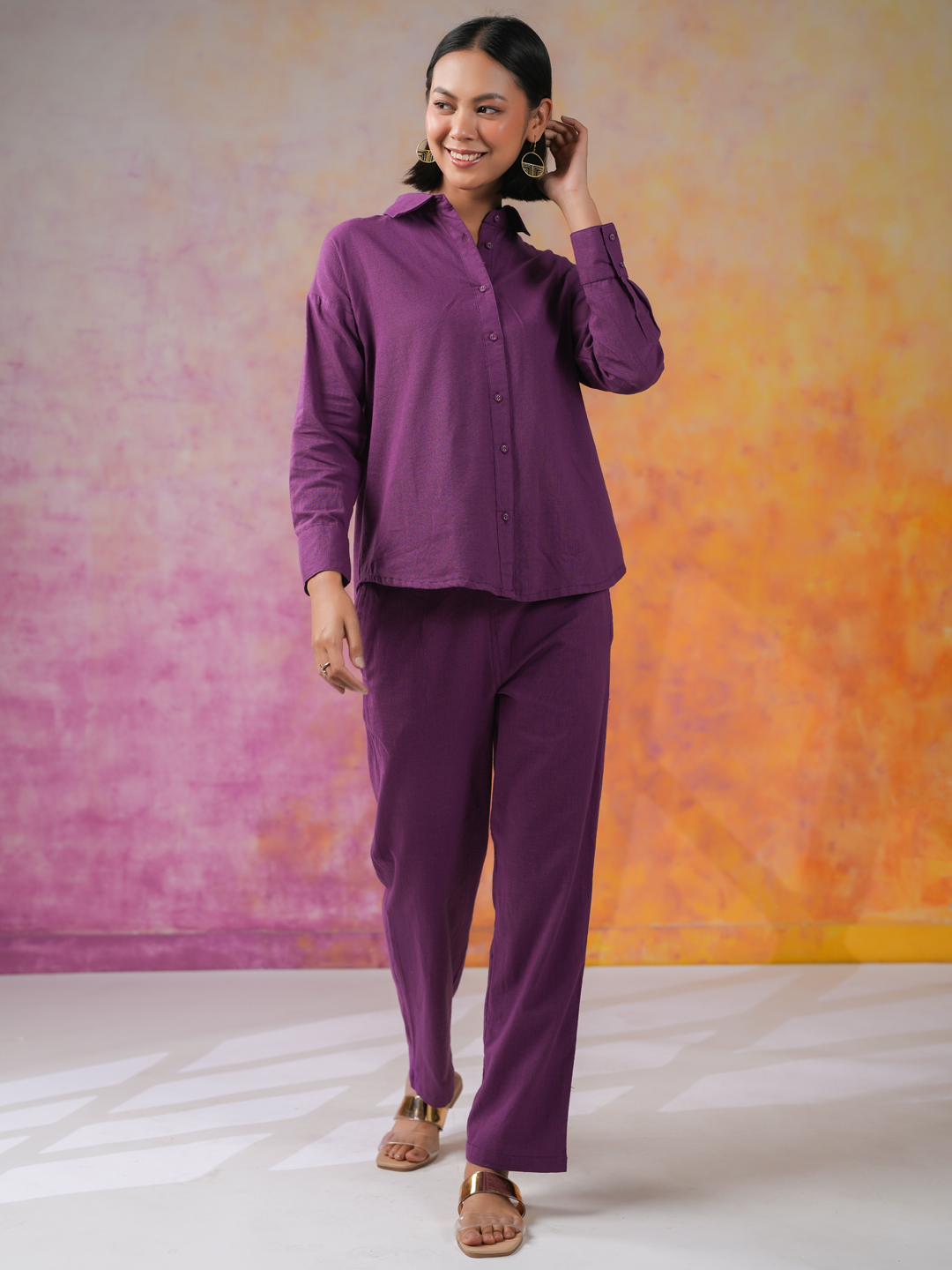 Purple Shirt Collar Solid Pure Cotton Co-Ord Set For Women