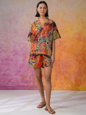Orange Shawl Neck Printed Pure Cotton Co-Ord Set For Women