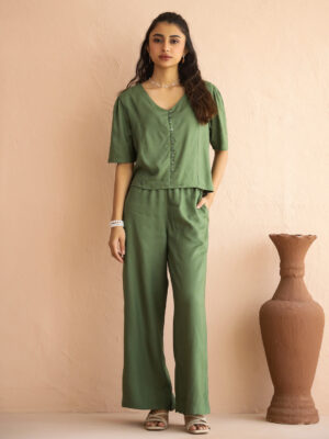 Green V-Neck Solid Viscose Rayon Co-Ord Set For Women