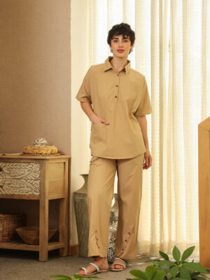 Beige Shirt Collar Solid Pure Cotton Co-Ord Set For Women