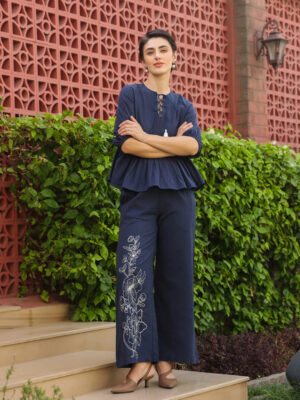 Blue Round Neck Solid Pure Cotton Co-Ord Set For Women
