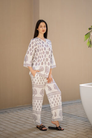 White V-Neck Printed Viscose Rayon Co-Ord Set For Women