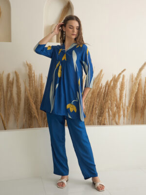 Blue V-Neck Printed Silk Blend Co-Ord Set For Women
