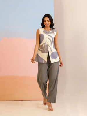 Off White Round Neck Printed Cotton Co-Ord Set For Women