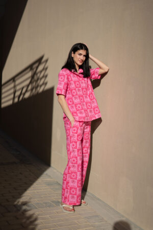 Pink Shirt Collar Printed Pure Cotton Co-Ord Set For Women