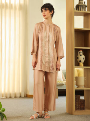 Cream Mandarin Collar Solid Polyester Co-Ord Set For Women