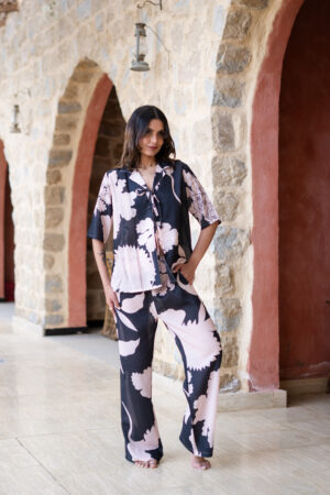 Black Shirt Collar Dyed Linen Co-Ord Set For Women