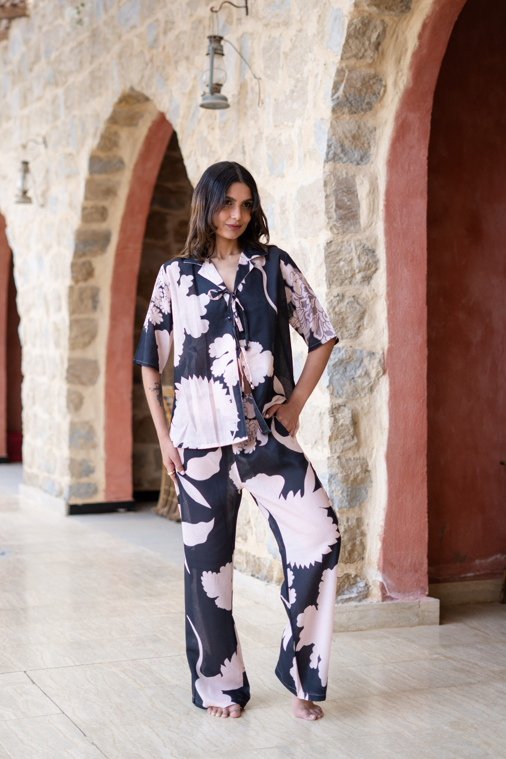 Black Shirt Collar Dyed Linen Co-Ord Set For Women