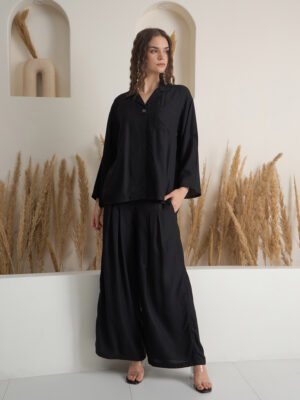 Black Shirt Collar Solid Viscose Rayon Co-Ord Set For Women