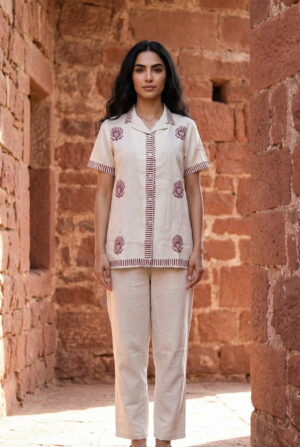 Beige Hand Block Printed Shirt Collar Pure Cotton Co-Ord Set For Women
