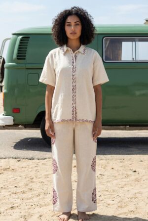 Beige Color Hand Block Print Shirt Collar Pure Cotton Co-Ord Set For Women