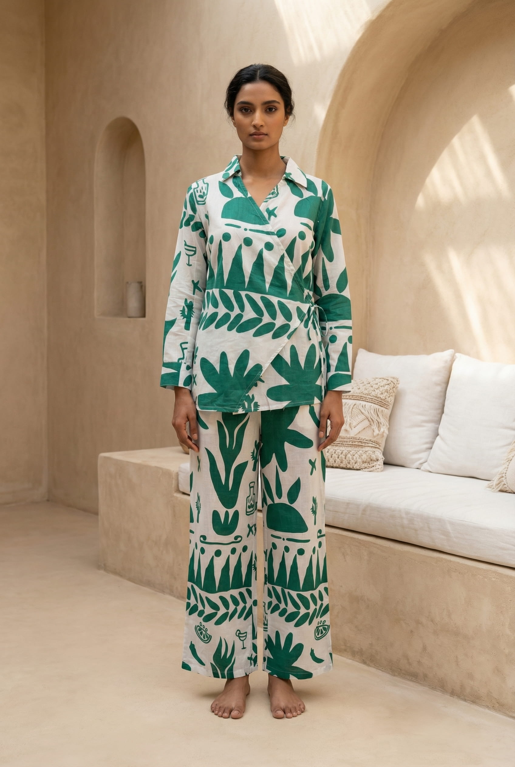 White V-Neck Printed Pure Cotton Co-Ord Set For Women