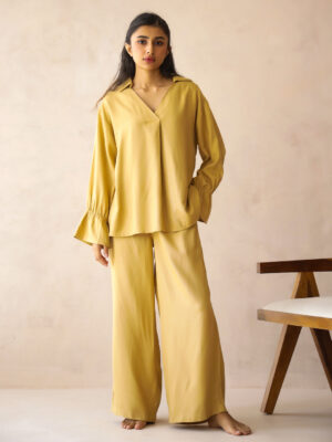 Yellow V-Neck Solid Pure Cotton Co-Ord Set For Women