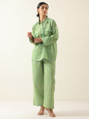 Green Color Check Printed Cotton Co-ords Set for Women