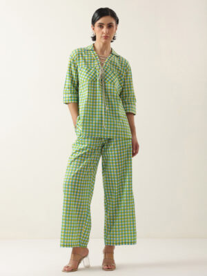 Green Color Check Printed Cotton Co-ords Set for Women
