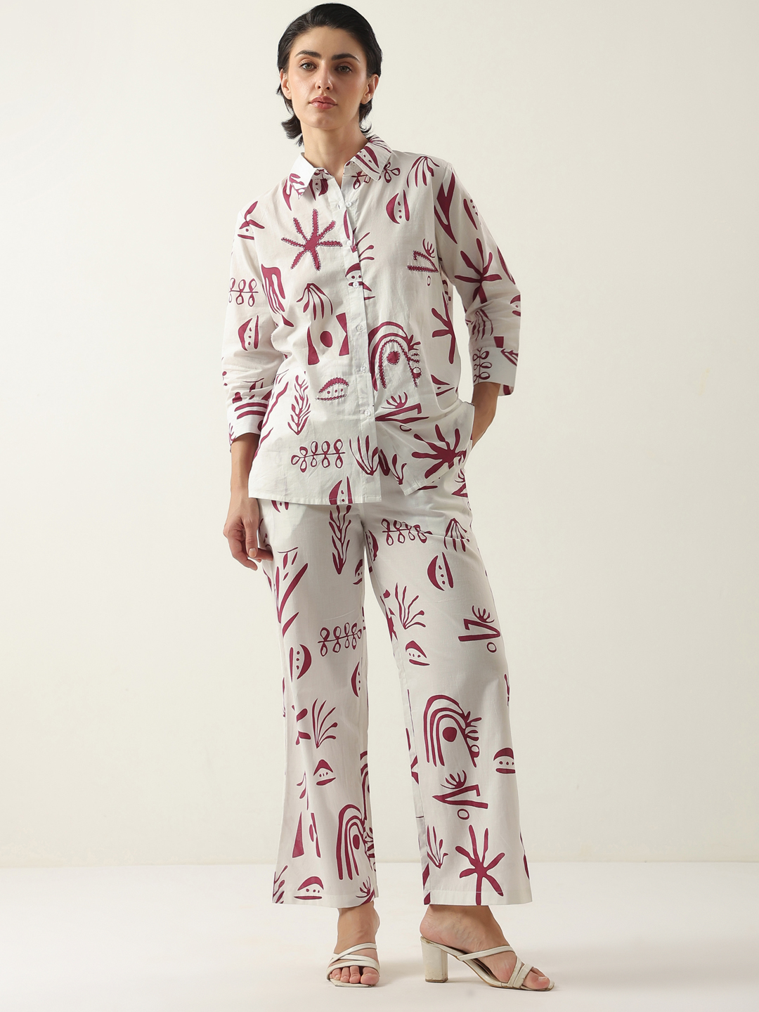 White Color Shirt Collar Cotton Printed Co-ords Set For Women