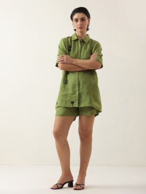 Green Color Shirt Collar Solid Cotton Co-ords Set For Women