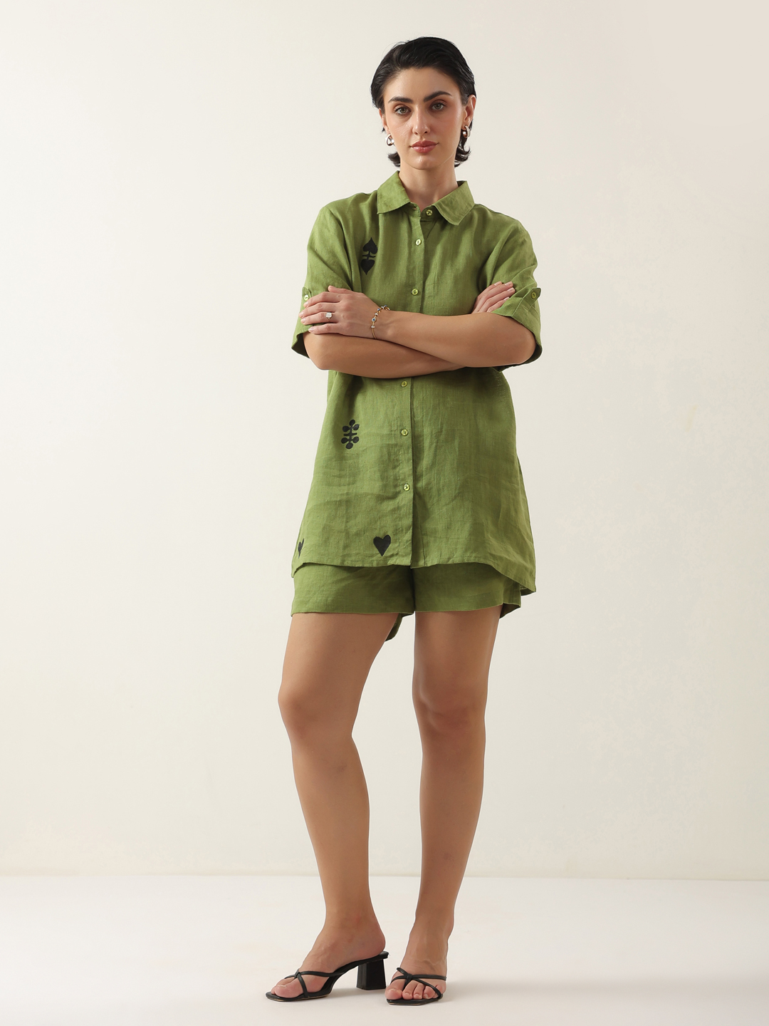 Green Color Shirt Collar Solid Cotton Co-ords Set For Women