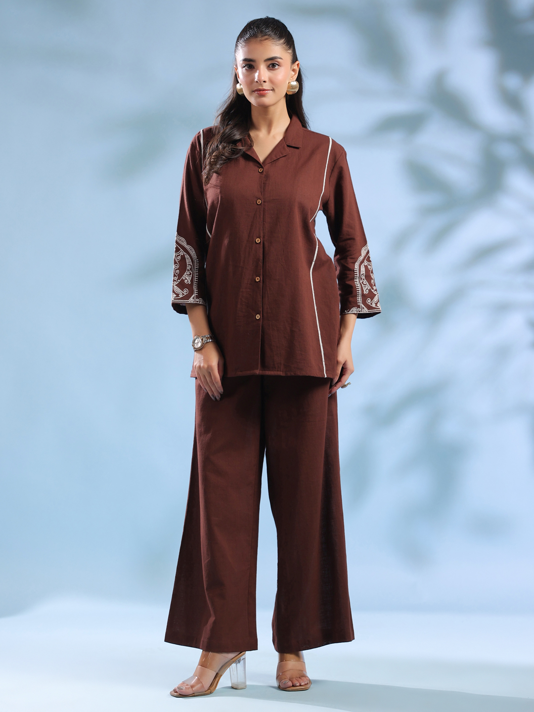 Brown Shirt Collar Dyed Pure Cotton Co-Ord Set For Women