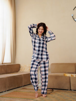 Pink Cotton Blend Checked Shirt Collar Winter Co-Ords Set For Women