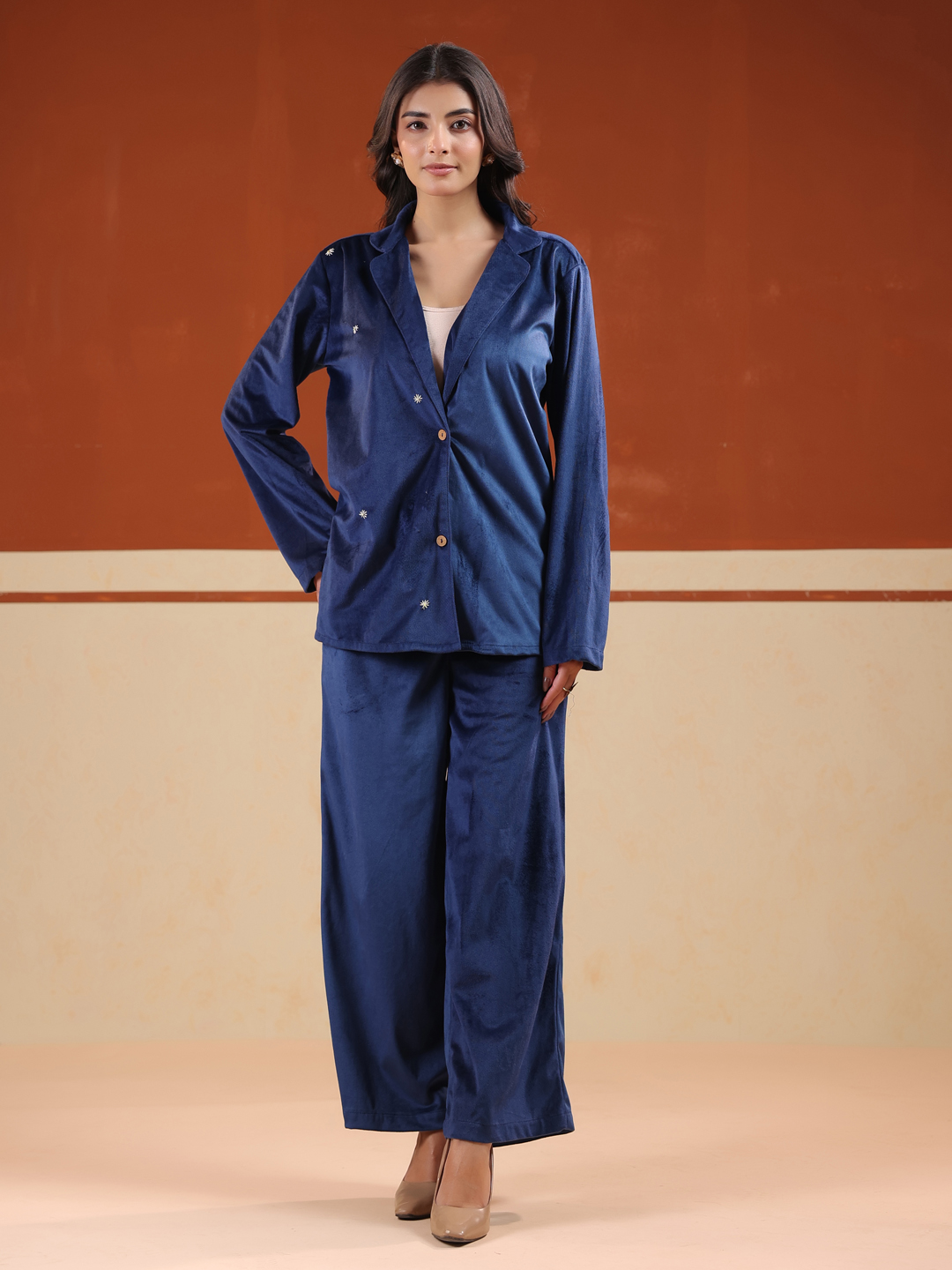 Blue Solid Velvet Shirt Collar Co-Ord Set For Women