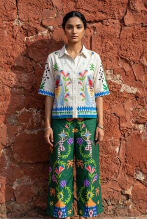 White Printed Shirt Collar Co-Ord Set For Women