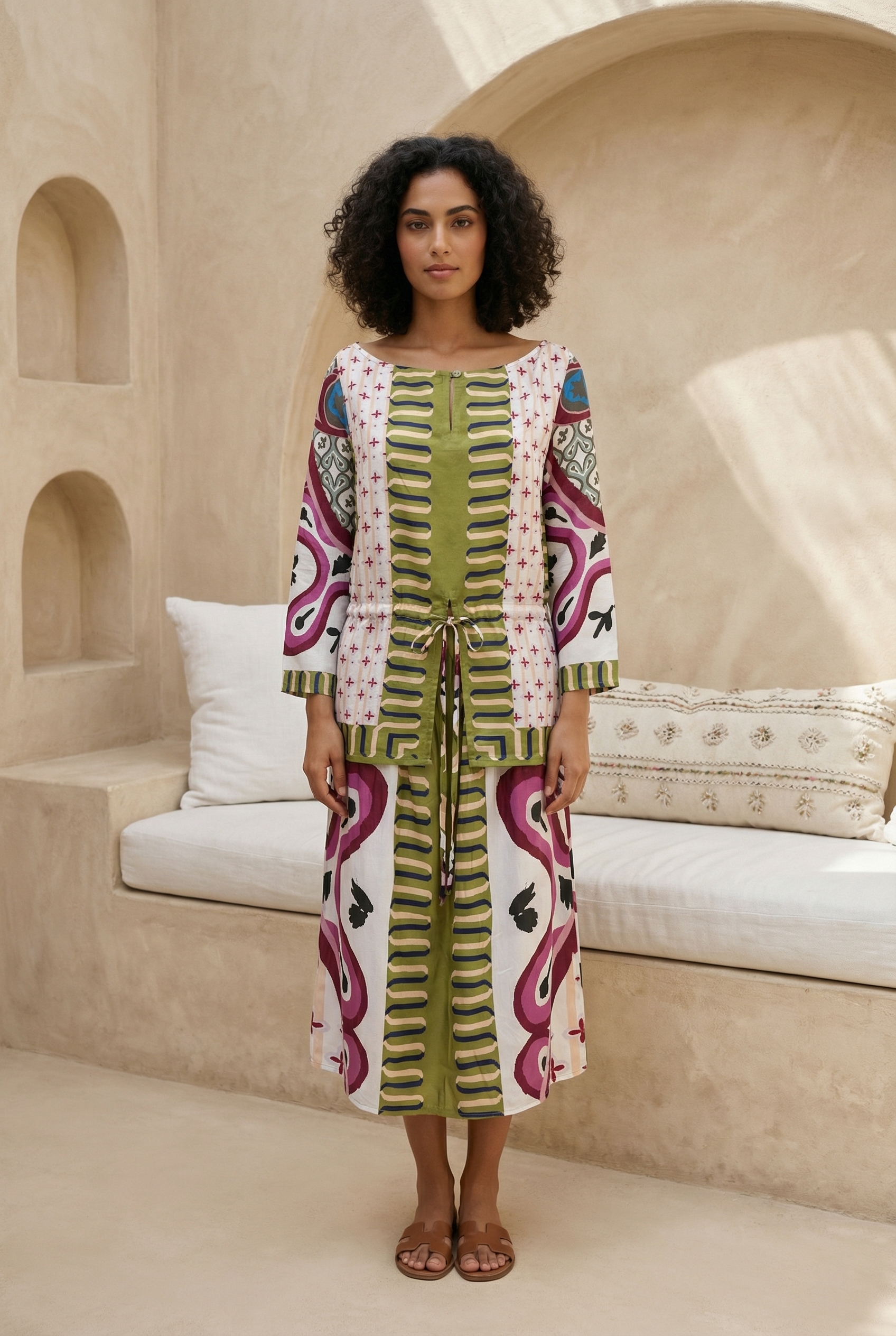 Multi Color Printed Boat Neck Co-Ord Set For Women