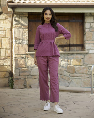 Purple Round Neck Pure Cotton Top & Trousers Co-Ord Set