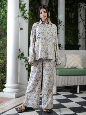 Cream Shirt Collar Cotton Co-ord Set For Women