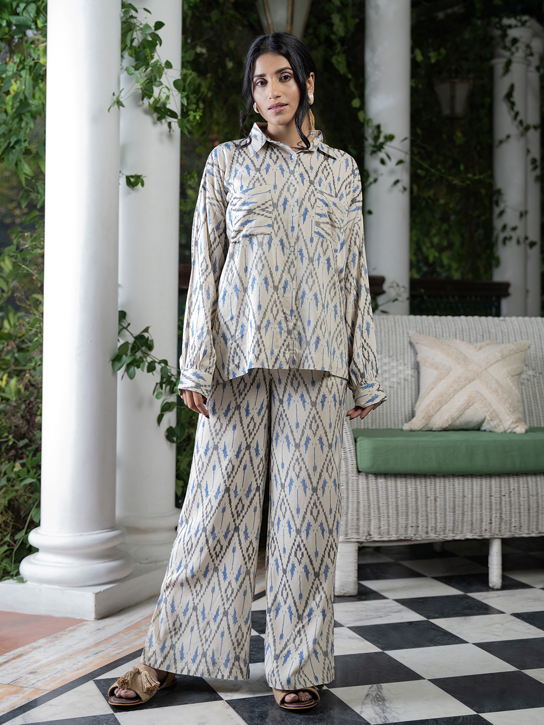 Cream Shirt Collar Cotton Co-ord Set For Women