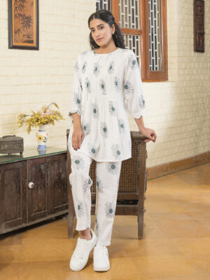 White Round Neck Motif Print Cotton Co-Ord Set For Women