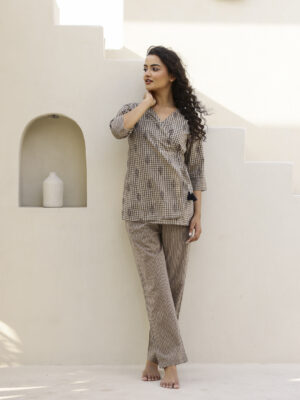 Taupe V-Neck Checked Print Cotton Co-Ord Set For women