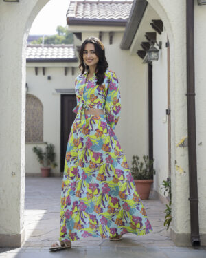 Green V-Neck Floral Print Pure Cotton Co Ord Set For Women