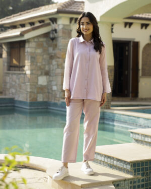 Pink Shirt Collar Solid Print Cotton Co-Ord Set for Women