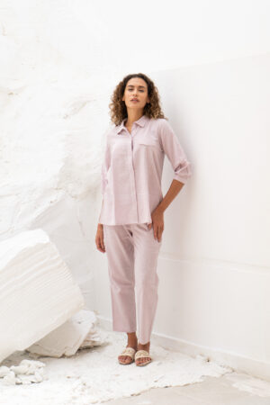 Pink Solid Print Shirt Collar Cotton Co-ord Set For Women